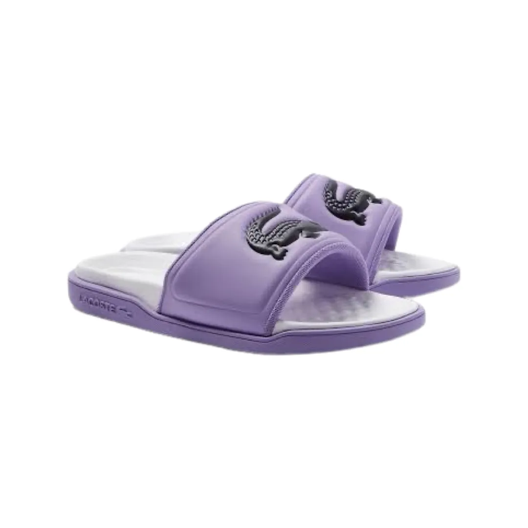 Women's Lacoste Croco Dualiste Slide Lavender Purple Black White Kristin Cavallari Flip Flops