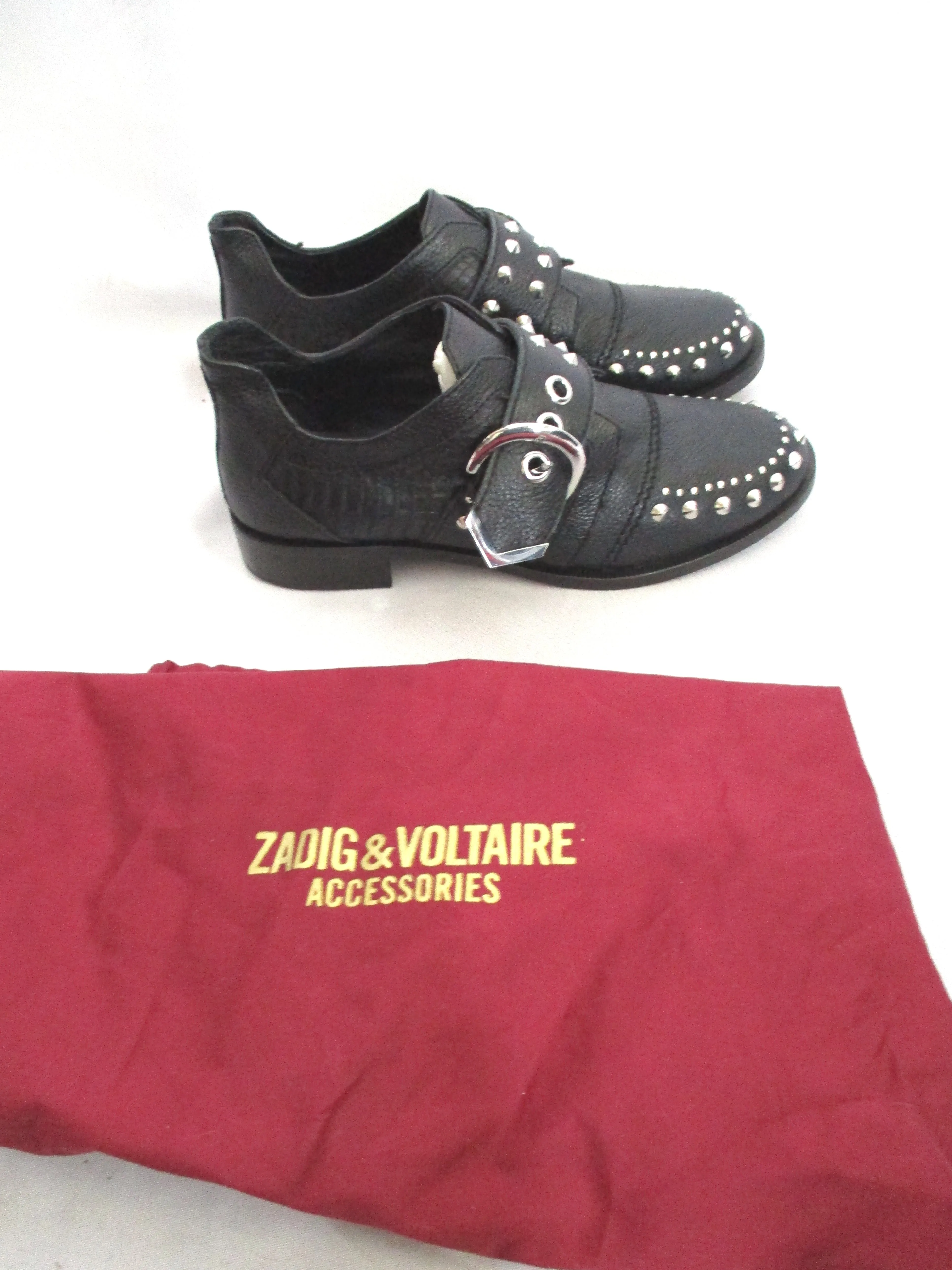 Zerøgrand Remastered Unlined Wingtip Oxfords NEW ZADIG & VOLTAIRE SPIKE FLAT SHOE Buckle Oxford Punk Goth 36 BLACK