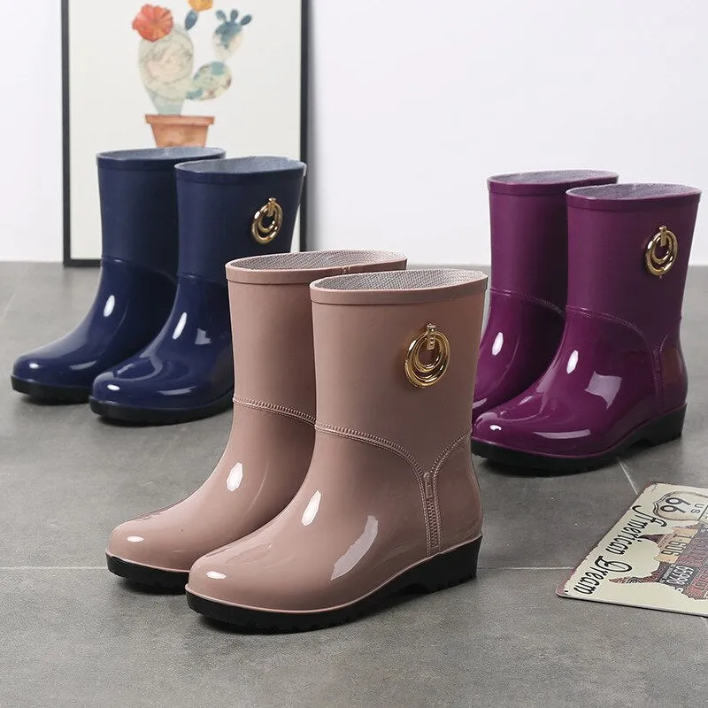 Metal Work Boots Fashion Rain Boots Women Waterproof Rubber Work Shoes Bottine Femme