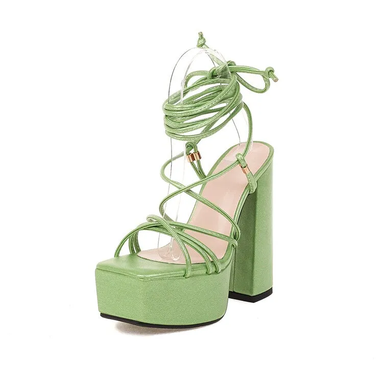 Tulum Sandals Women's Jelly Color Cross Tied Strap Chunky Heel High Heels Platform Sandals