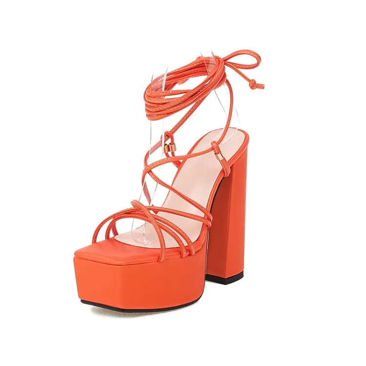 Women's Jelly Color Cross Tied Strap Chunky Heel High Heels Platform Sandals Bahamian Sandals