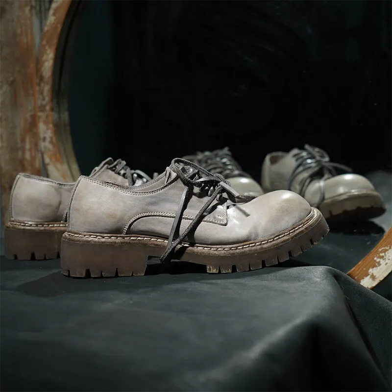 Round Toe Derby Shoes For Women Goodyear Horse Leather Lace Up Oxfords in Brown/Black/Grey Brown Lace Up Oxford Shoes