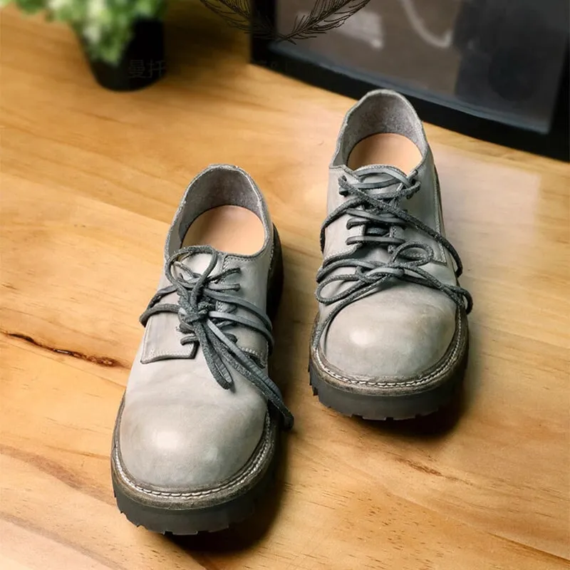 Round Toe Derby Shoes For Women Goodyear Horse Leather Lace Up Oxfords in Brown/Black/Grey Carmina Oxfords