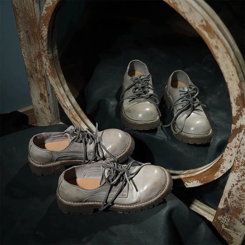 Oxford Grip Round Toe Derby Shoes For Women Goodyear Horse Leather Lace Up Oxfords in Brown/Black/Grey