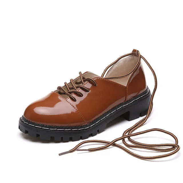 Shiny Oxfords Loafers Women Oxfords Lace-Up Casual British Style Platform Shoes