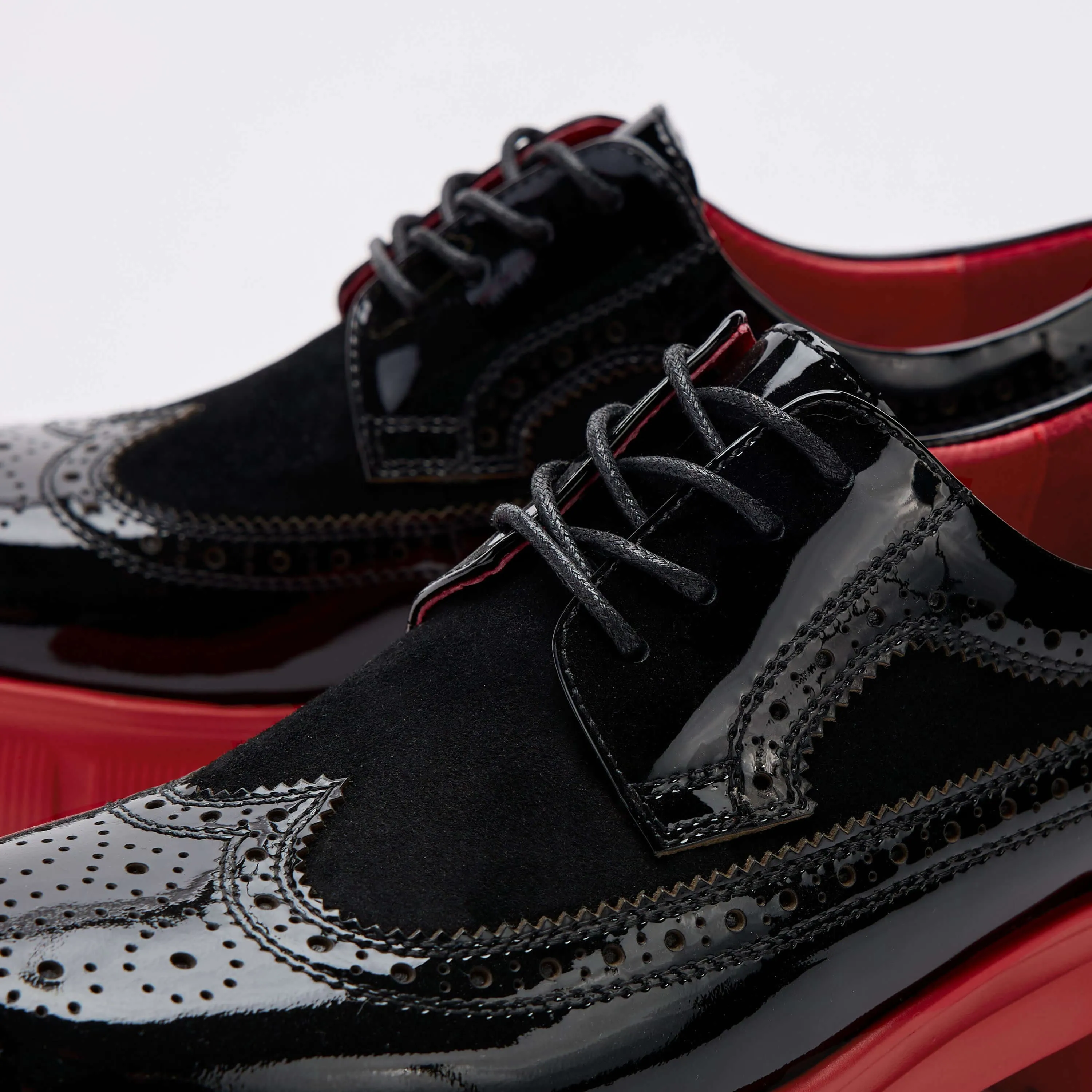 Platform Heeled Oxfords Ms. Alexander Black/Red Leather Lug Wingtip Derby