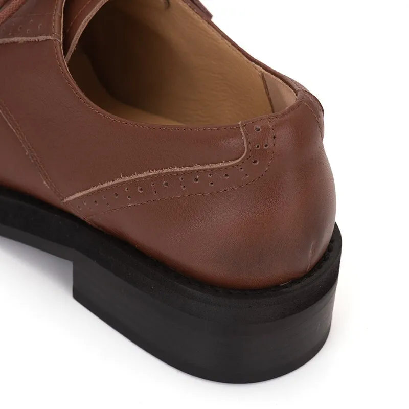 Women Lace up Oxfords Shoes Handmade Leather W Toe Cap Brogues in Brown/Black Vintage Saddle Oxfords