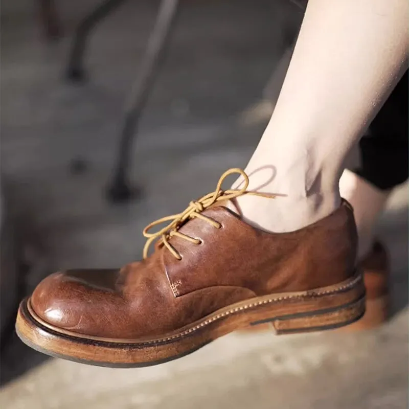 Oxford Sneaker Round Toe Derby Shoes For Women Goodyear Horse Leather Lace Up Oxfords in Brown/Black/Green