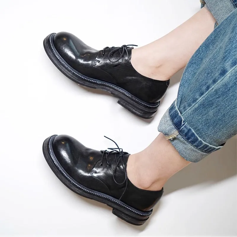 Oxfords Heels Round Toe Derby Shoes For Women Goodyear Horse Leather Lace Up Oxfords in Brown/Black/Green