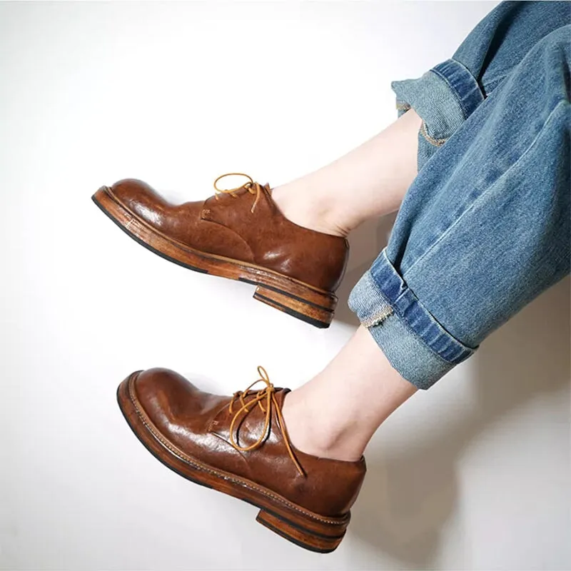 Round Toe Derby Shoes For Women Goodyear Horse Leather Lace Up Oxfords in Brown/Black/Green Oxfords & Loafers