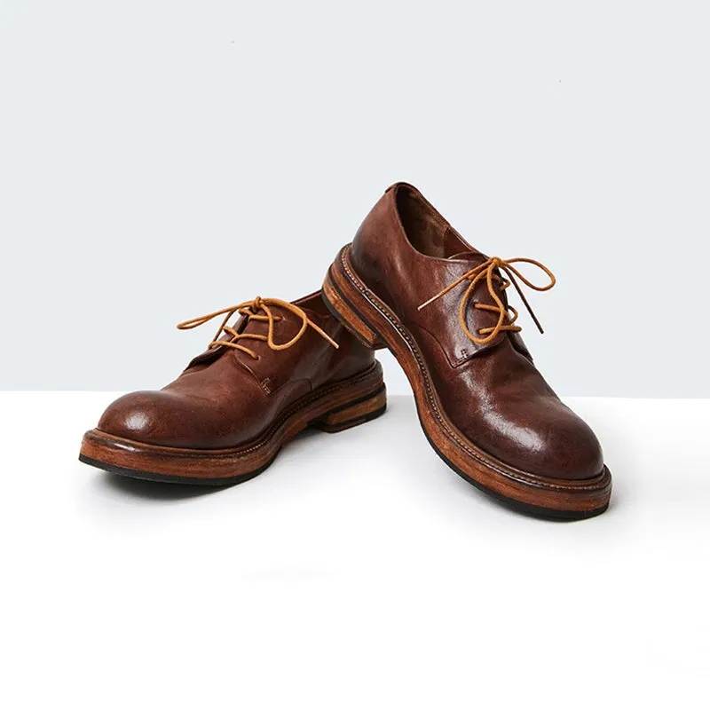 Round Toe Derby Shoes For Women Goodyear Horse Leather Lace Up Oxfords in Brown/Black/Green Low Heel Oxford Pump