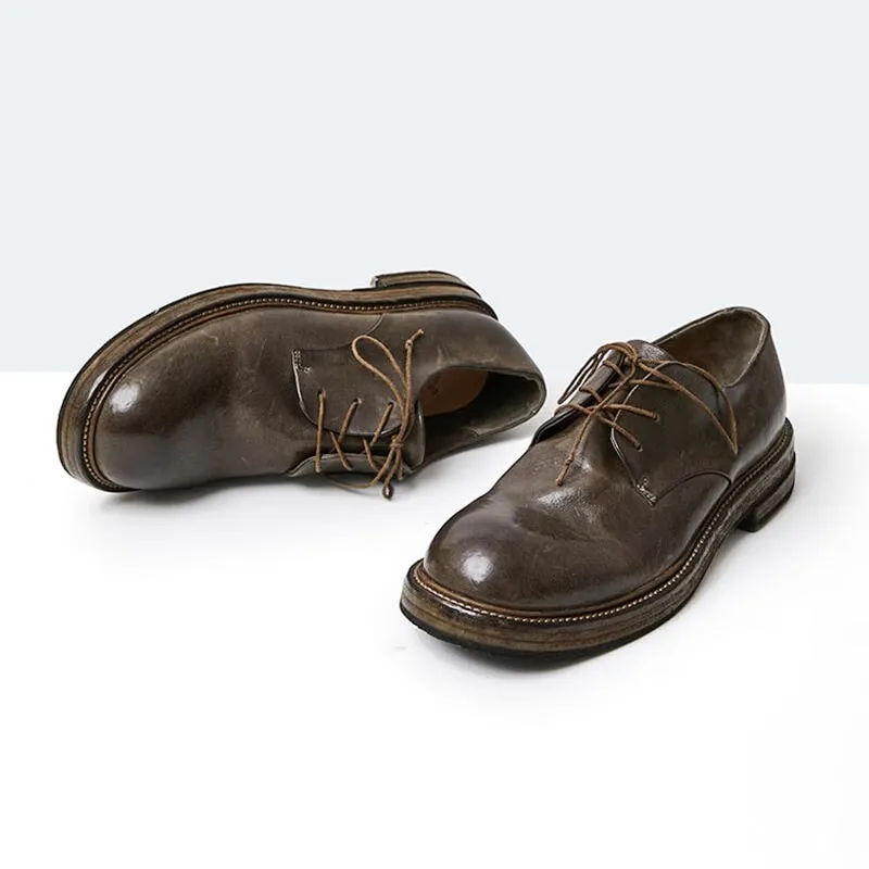 Round Toe Derby Shoes For Women Goodyear Horse Leather Lace Up Oxfords in Brown/Black/Green Cap Toe Oxford Dress Shoe