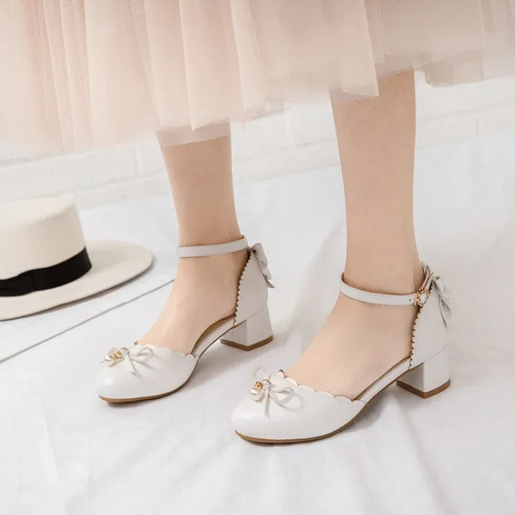 Women's Solid Color Round Toe Butterfly Knot Pearls Block Heel Sandals Dance Sandals