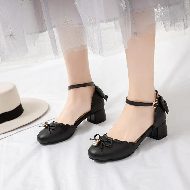Sandals With Straps On The Back Women's Solid Color Round Toe Butterfly Knot Pearls Block Heel Sandals
