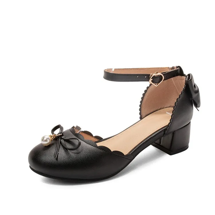 Women's Solid Color Round Toe Butterfly Knot Pearls Block Heel Sandals Sandals Exhuma