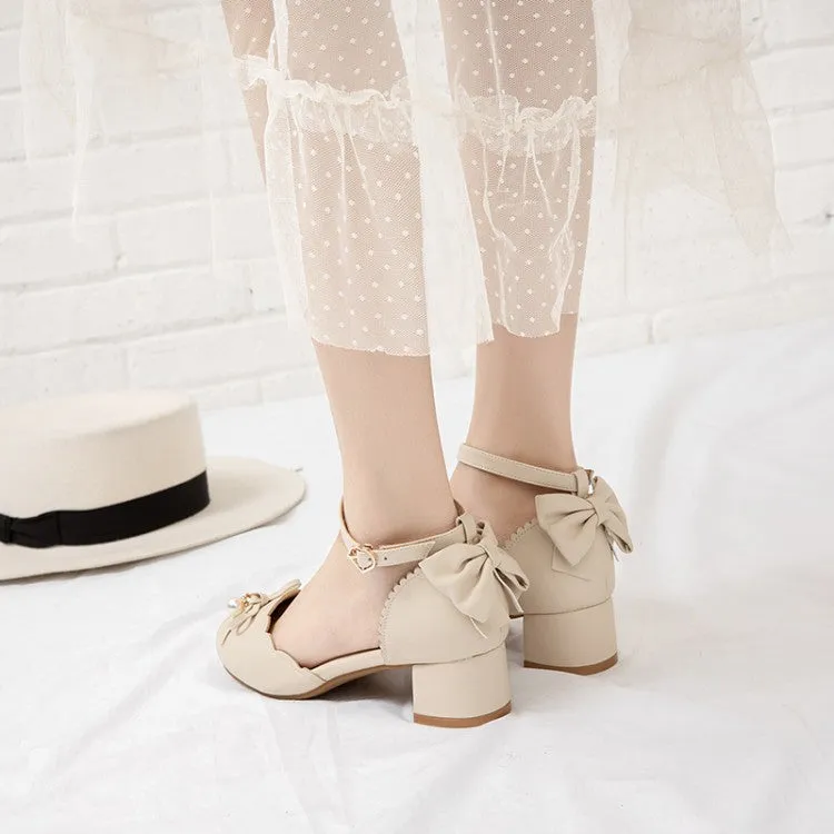 Women's Solid Color Round Toe Butterfly Knot Pearls Block Heel Sandals Unisex-child Seacamp Cnx Closed Toe Sandals