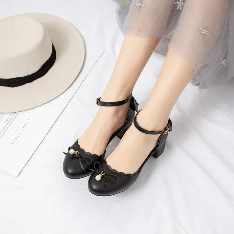 Nicest Sandals Women's Solid Color Round Toe Butterfly Knot Pearls Block Heel Sandals