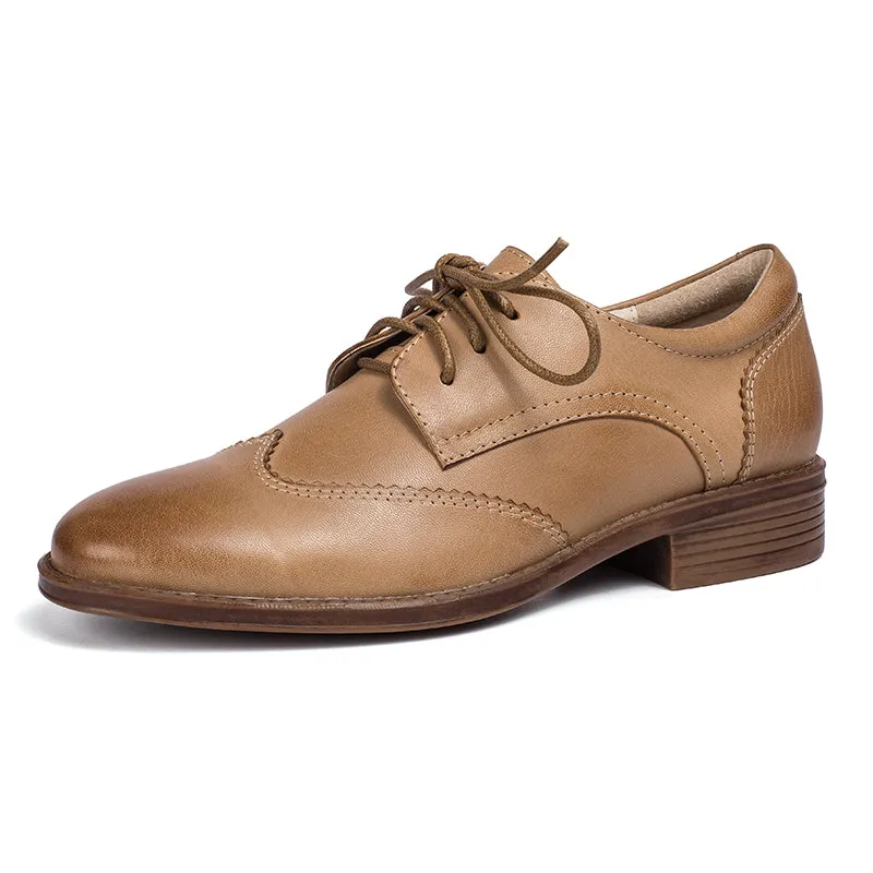 Plain Toe Oxfords With Rubber Soles Women Wingtip Shoes Handmade Sheepskin Brogue Oxfords Low Heel Elegant Brown/Black/Coffee (better suited for thin feet)
