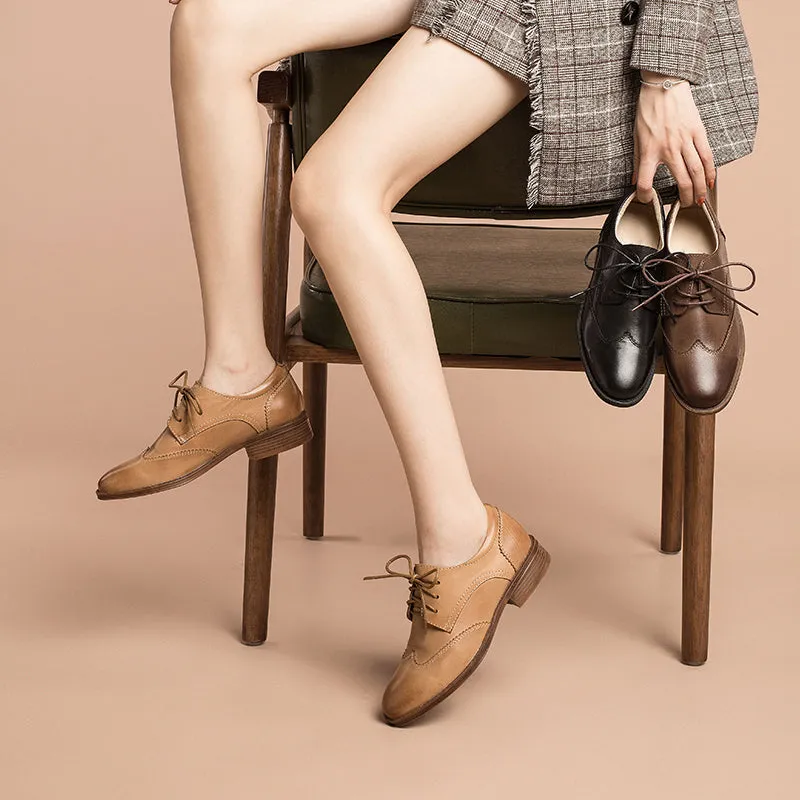 Women Wingtip Shoes Handmade Sheepskin Brogue Oxfords Low Heel Elegant Brown/Black/Coffee (better suited for thin feet) Oxford Vintage Shoes