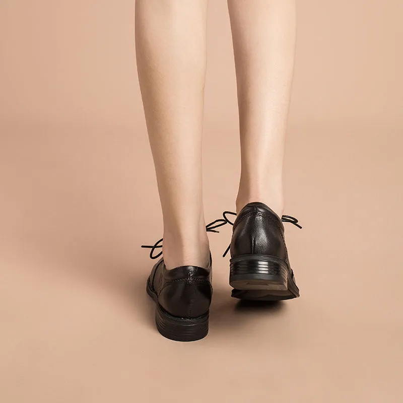 Flat Sole Oxfords Women Wingtip Shoes Handmade Sheepskin Brogue Oxfords Low Heel Elegant Brown/Black/Coffee (better suited for thin feet)