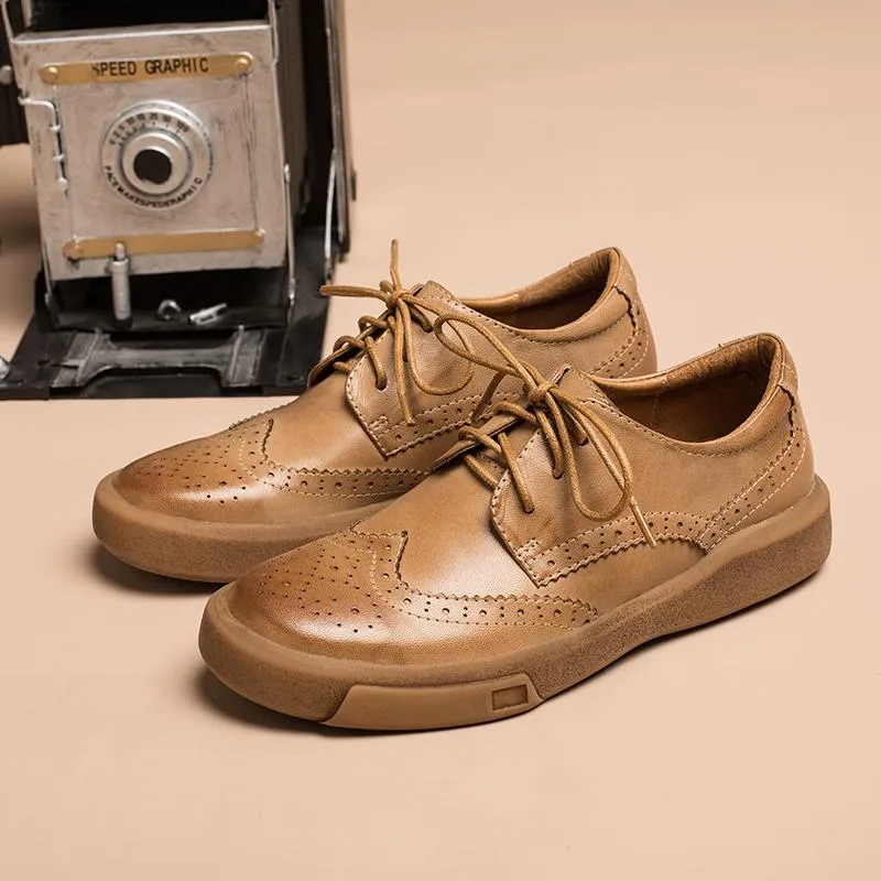 Laced Oxfords Women Wingtip Shoes Handmade Sheepskin Full Brogues Oxfords & Tie Flats Elegant Coffee/Black/Brown