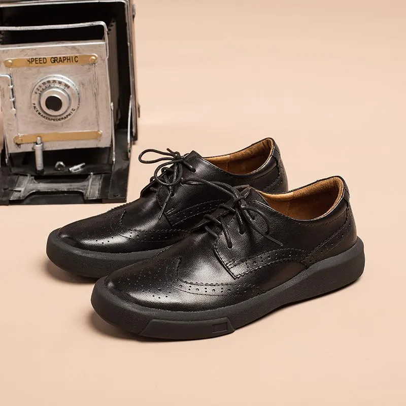 Women Wingtip Shoes Handmade Sheepskin Full Brogues Oxfords & Tie Flats Elegant Coffee/Black/Brown Block Heel Oxford Shoes