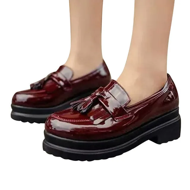 Oxford Button Up Shirt Women Oxfords British PU Patent Leather Platform Flats Shoes