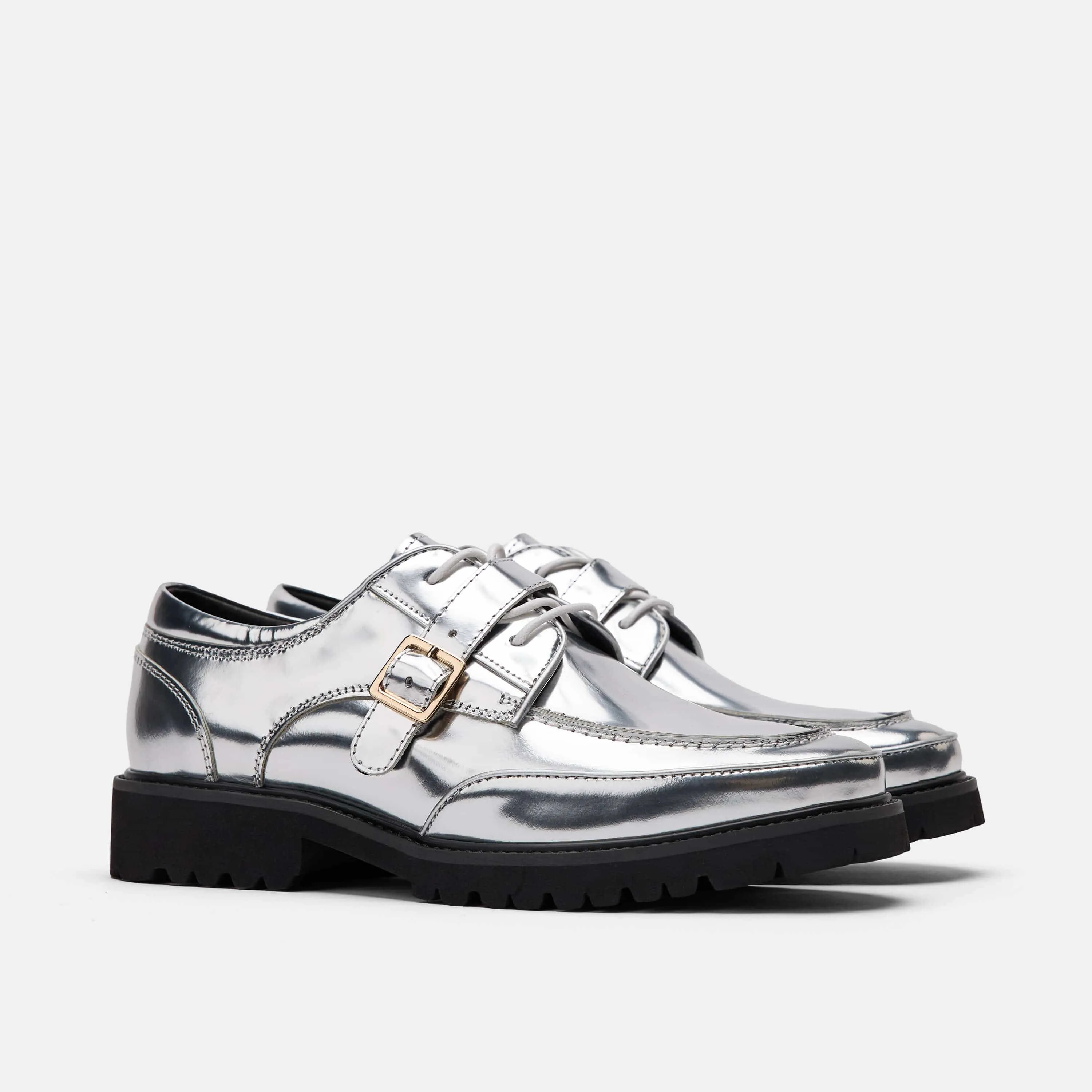 Ms. Atlas Chrome Patent Leather Lug Derby Lace Up Heeled Oxfords