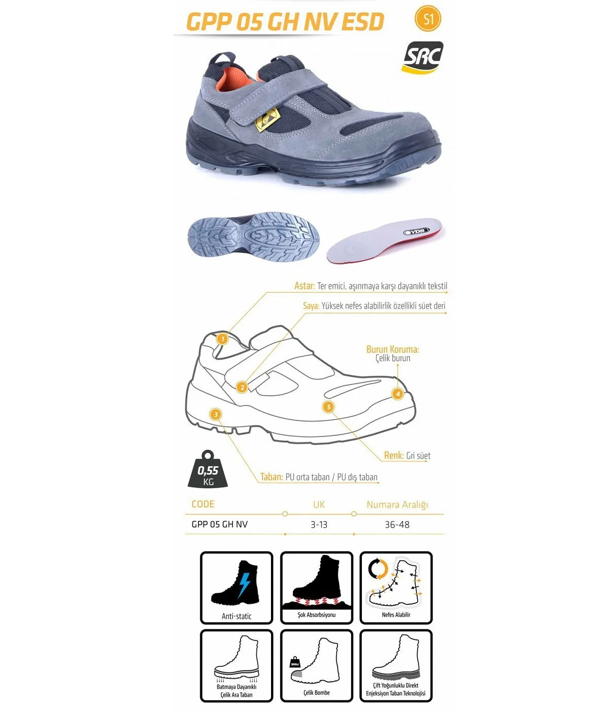 Work Boots Warm YDS GPP 05 GH NV ESD  Steel Toe Safety Shoe Gray