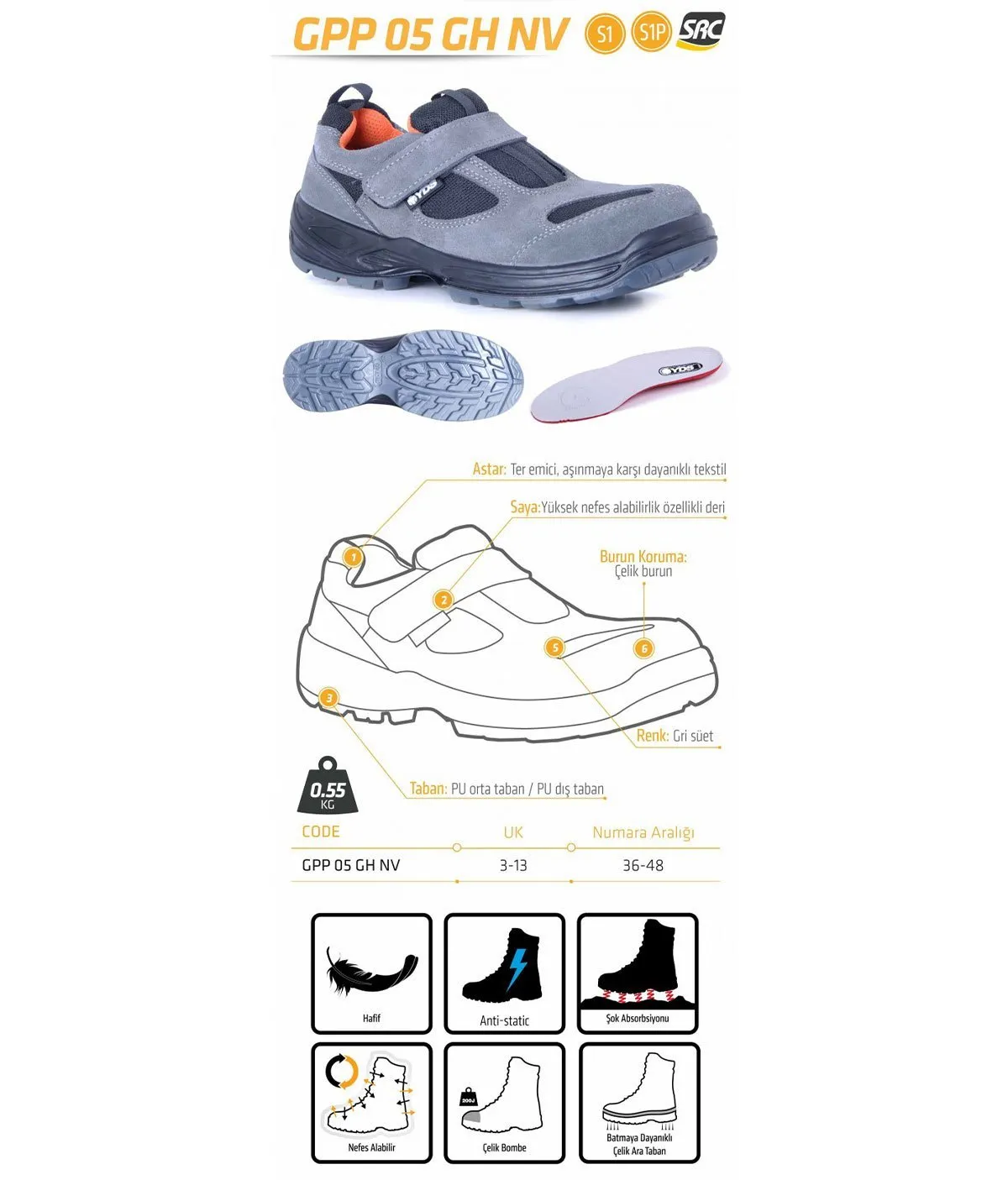 Work Boots For Welders YDS GPP 05 GH NV Steel Toe Gray Safety Work Shoe