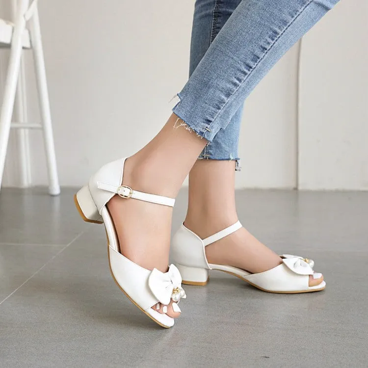 Women's Peep Toe Butterfly Knot Pearls Hollow Out Ankle Strap Block Heel Low Heels Sandals Dance Sandals