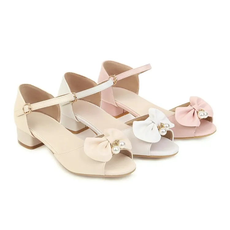 Women's Peep Toe Butterfly Knot Pearls Hollow Out Ankle Strap Block Heel Low Heels Sandals H Sandals