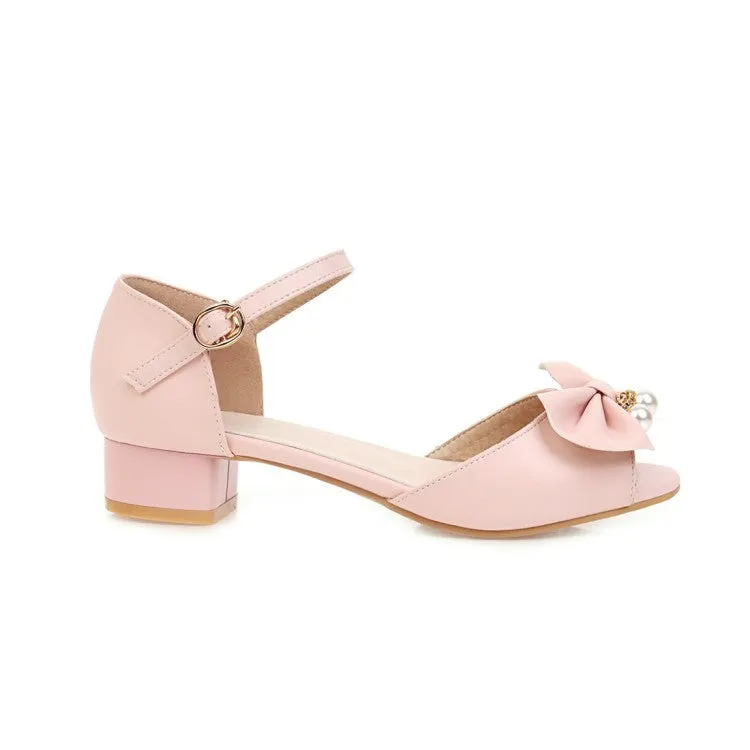 Women's Peep Toe Butterfly Knot Pearls Hollow Out Ankle Strap Block Heel Low Heels Sandals Raffia Flat Sandals