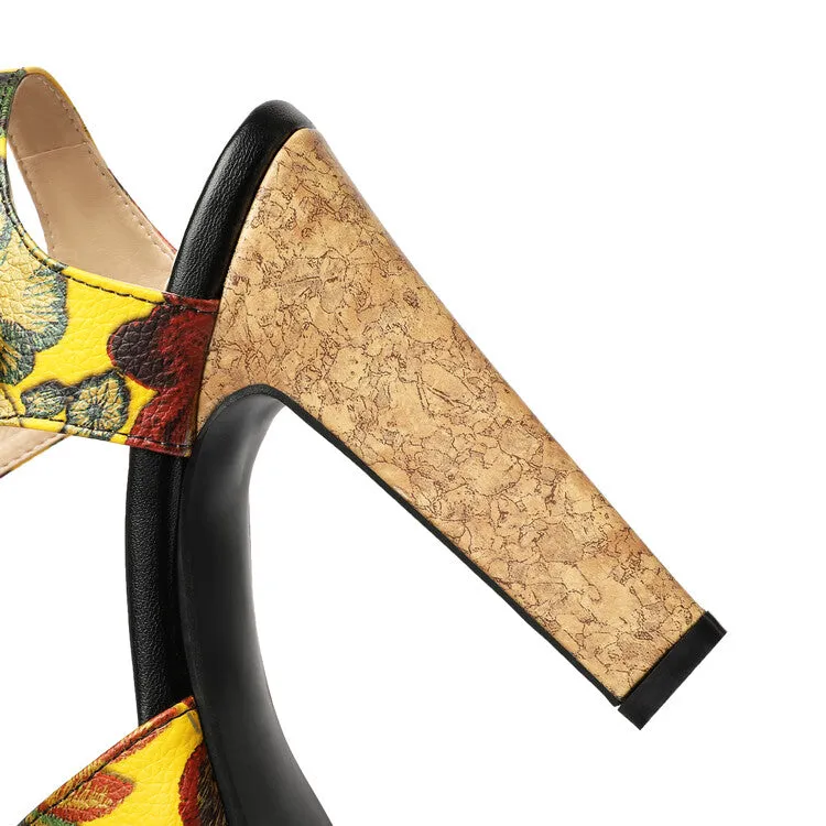 Women's Colorful Buckle T Ankle Strap Platform Chunky Heel Sandals 1970s Platform Sandals