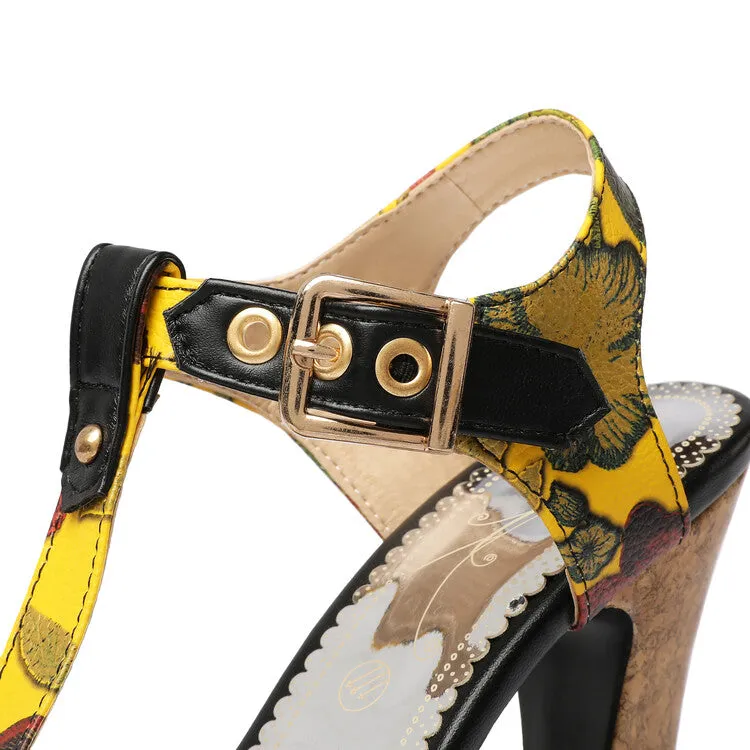 Women's Colorful Buckle T Ankle Strap Platform Chunky Heel Sandals Sandals Studs