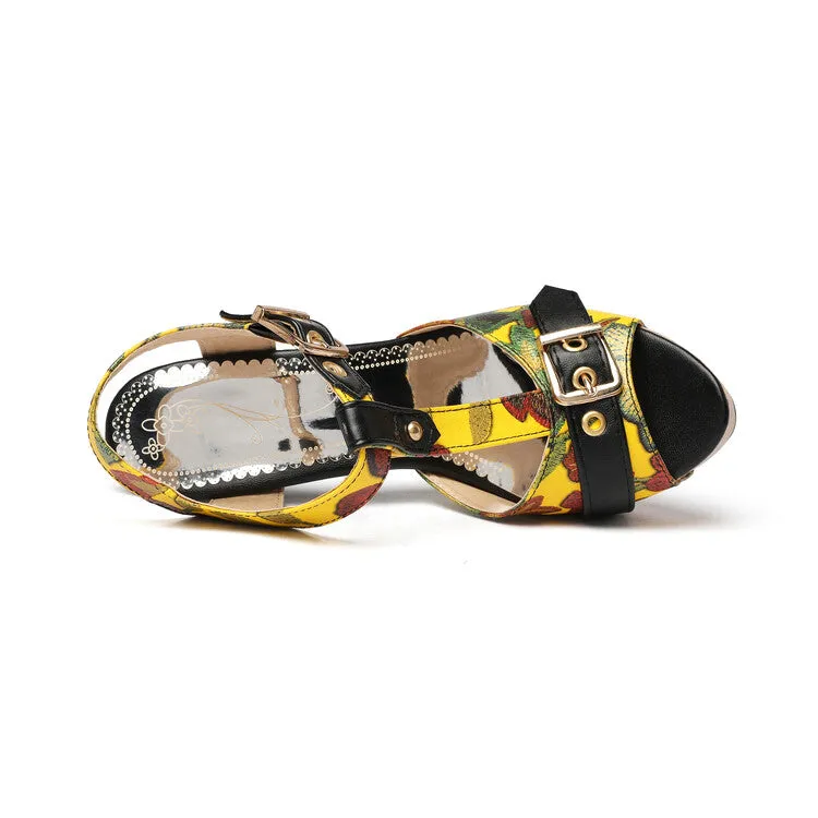 Celso Sandals Women's Colorful Buckle T Ankle Strap Platform Chunky Heel Sandals