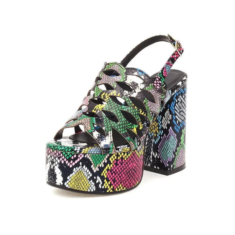 Sandals Size 5 Women's Snake Printed Hollow Out Thick Sole Block Heel Platform Sandals