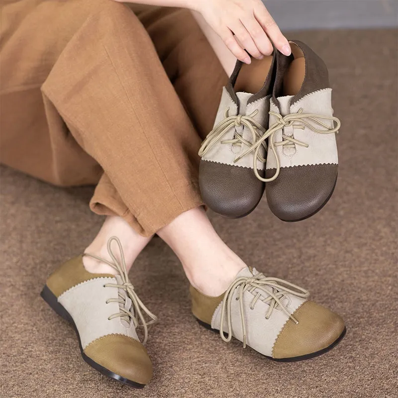 Oxfords Business Casual Retro Round Toe Flats For Women Lace Up Shoes In Khaki/Grey