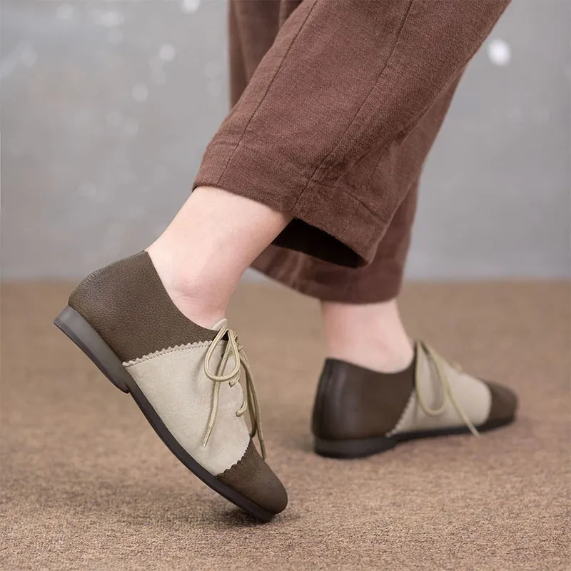 Retro Round Toe Flats For Women Lace Up Shoes In Khaki/Grey Leather Oxford