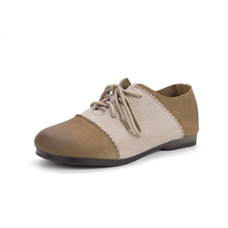New Oxford Retro Round Toe Flats For Women Lace Up Shoes In Khaki/Grey