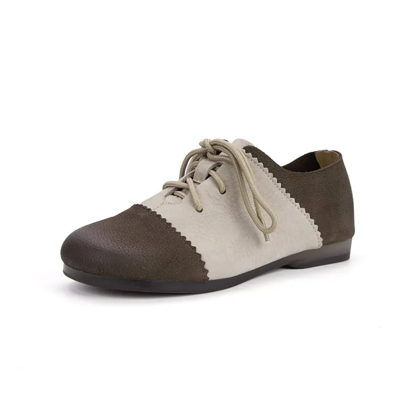 Allen Edmonds Cap Toe Oxfords Retro Round Toe Flats For Women Lace Up Shoes In Khaki/Grey