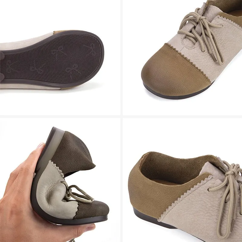 Retro Round Toe Flats For Women Lace Up Shoes In Khaki/Grey Bradford Cap Toe Oxfords