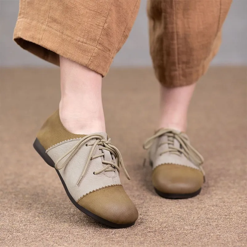 Berkshire Lug Sole Oxfords Retro Round Toe Flats For Women Lace Up Shoes In Khaki/Grey