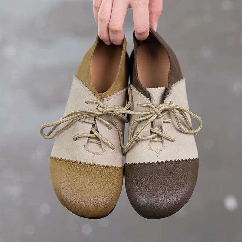 Retro Round Toe Flats For Women Lace Up Shoes In Khaki/Grey Tyler Oxfords