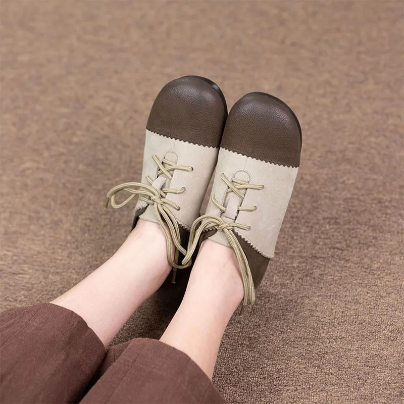 Hubbard's Off Main Oxford Al Retro Round Toe Flats For Women Lace Up Shoes In Khaki/Grey