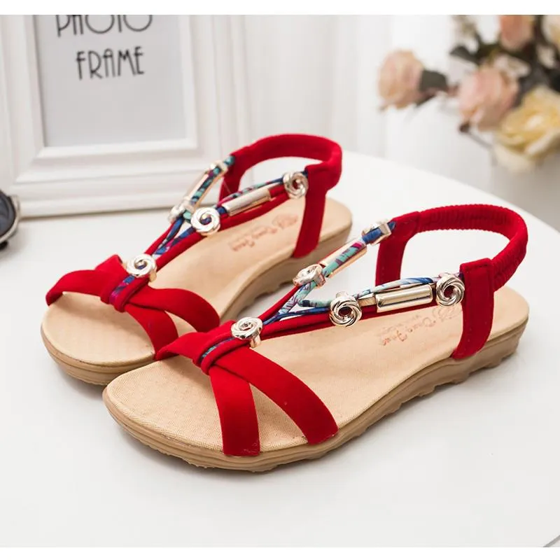 Women Sandals Women Flat Sandals Bohemian Flip Flops Summer Women Shoes Ladies Flat Shoes Red Casual Beach Sandals Soft Top Flip Flops