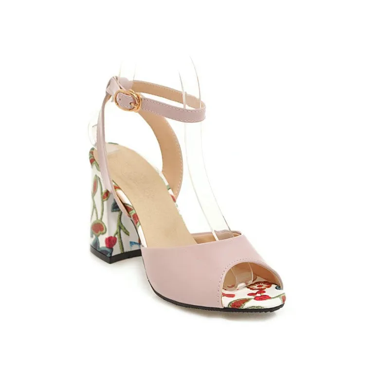 Elastic Strap Sandals Women's's Color Block Peep Toe Printed Block Heels Sandals