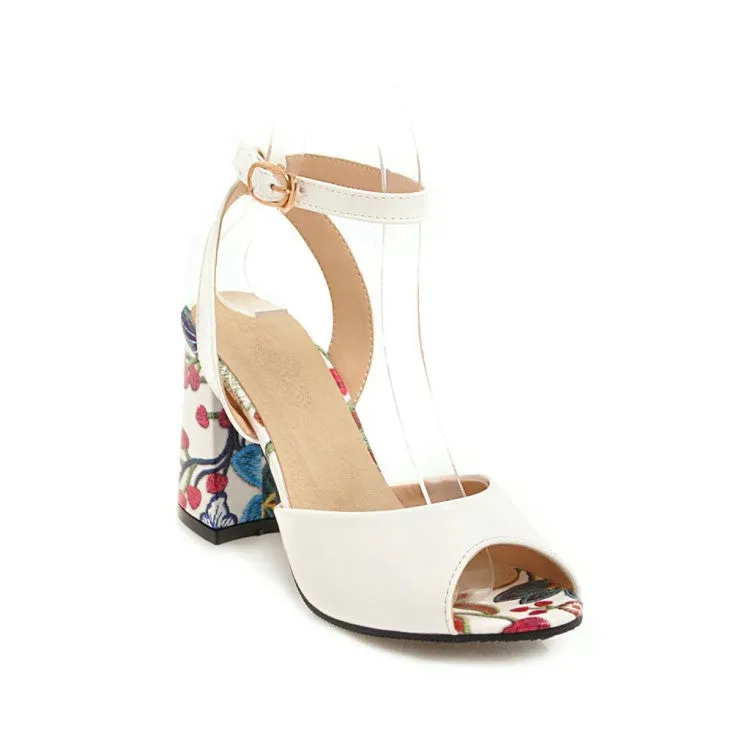 Women's's Color Block Peep Toe Printed Block Heels Sandals Rhinestone Sandals