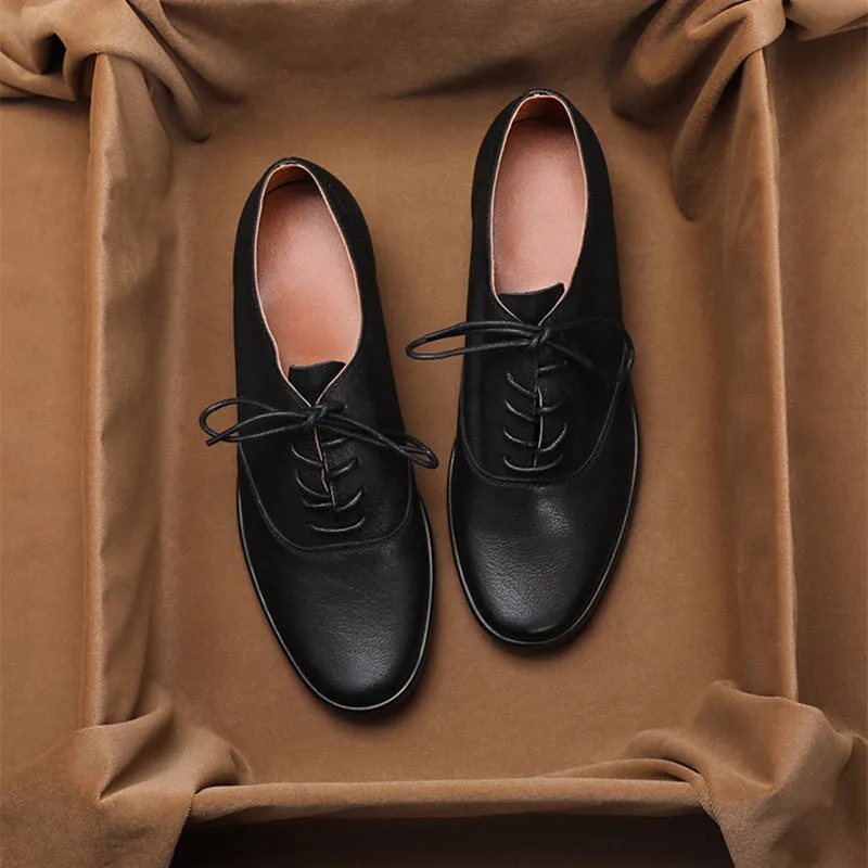 Round Toe Soft Oxford Shoes Lace Up Leather Derby Shoes for Women in Black/Brown Casual Oxfords Shoes