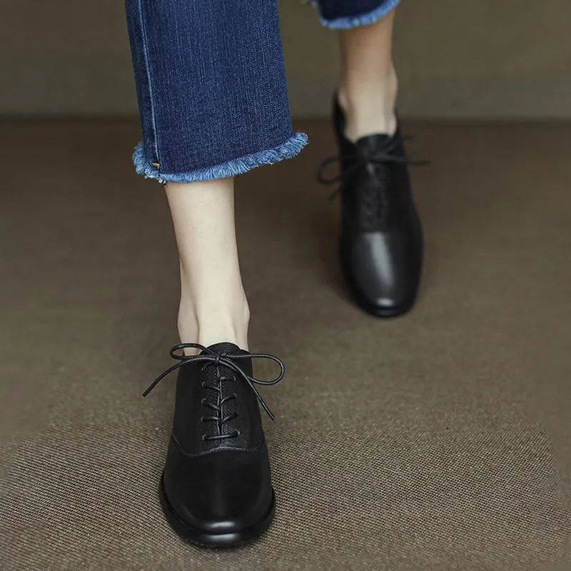 Oxford Street Shoes Round Toe Soft Oxford Shoes Lace Up Leather Derby Shoes for Women in Black/Brown